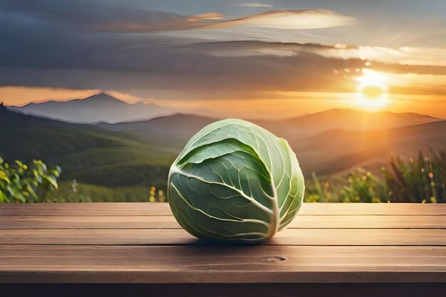 Cabbage on a table with a sunset in the background