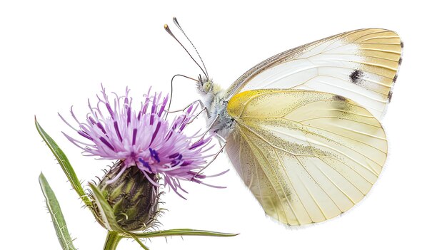 Photo a cabbage white butterfly on a thistle flower the butterfly is white with black wingtips and a yellow underside