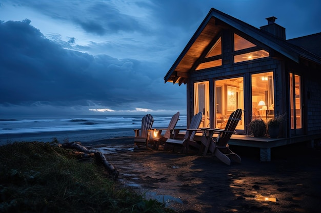 A cabin on the beach is lit up at night