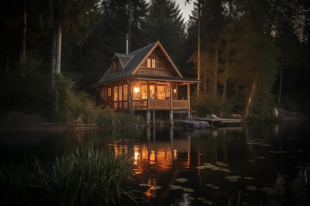 A cabin by the lake at night