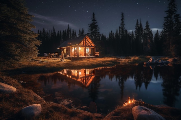 A cabin by the lake at night