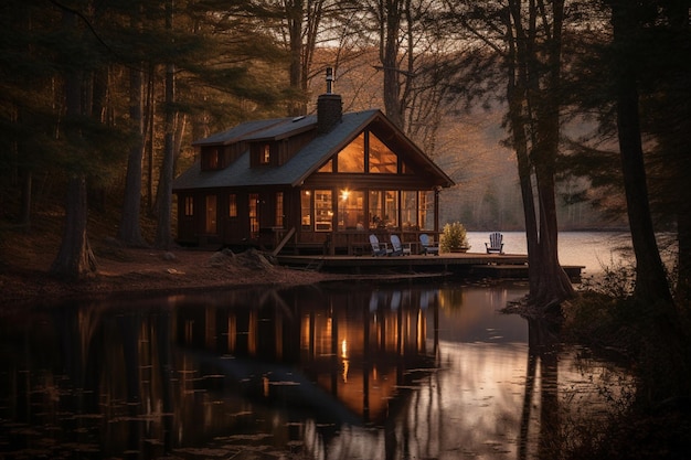 A cabin by the lake at sunset