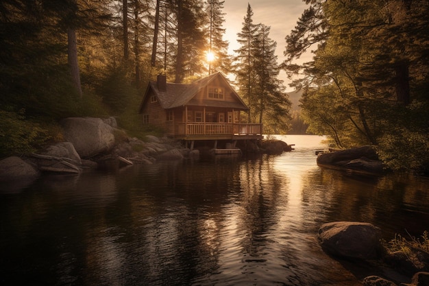 A cabin by the lake at sunset