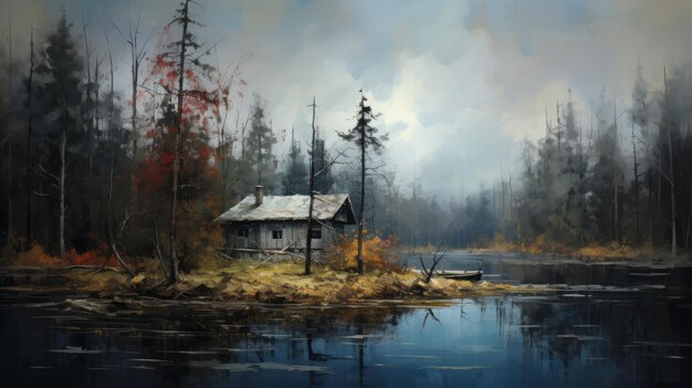 Photo cabin by the lake a winter wood painting