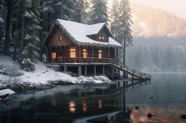 Photo a cabin by the lake in winter