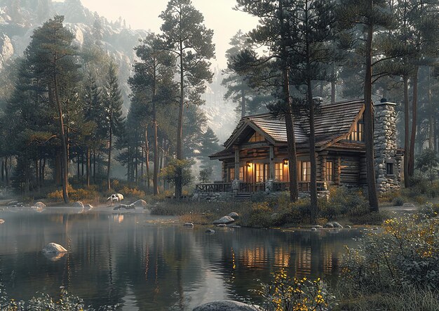 Photo a cabin by a lake with a cabin in the background