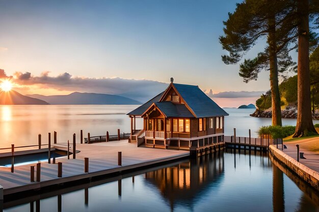 A cabin by the lake with a sunset in the background