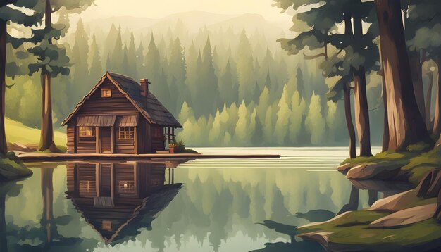 Photo a cabin by the lake in the woods