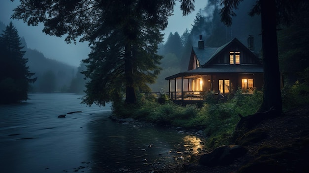 a cabin by the river at night