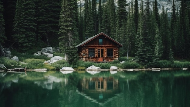 写真 山の中の湖のほとりの小屋