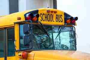 Photo cabin of a city school bus close-up