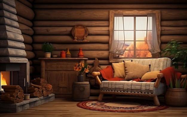 Cabin Coziness Home Mockup with Log Cabin Interior Generative AI