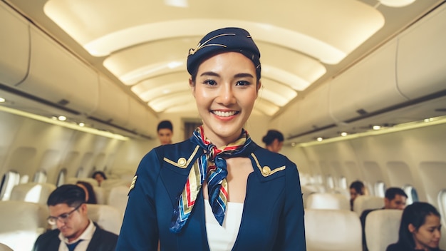 Cabin crew working in airplane