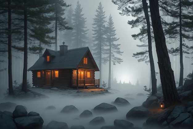 A cabin in the fog with the lights on