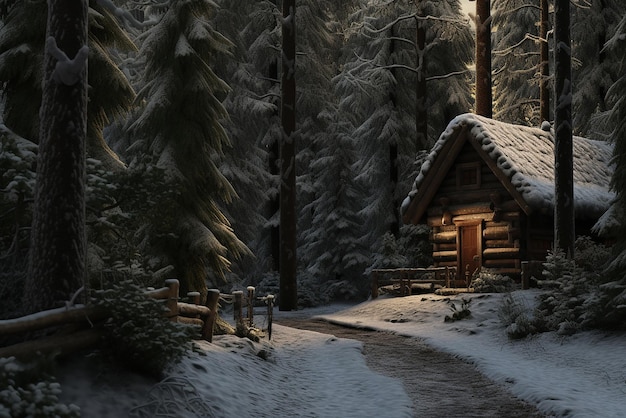 A cabin in a forest in winter