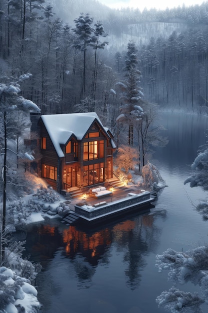 Cabin is covered in snow on lake in the winter