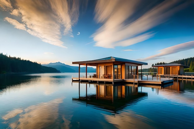 A cabin on a lake with a beautiful sky and clouds