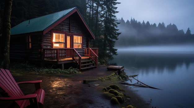 a cabin on a lake with a red bench on the dock