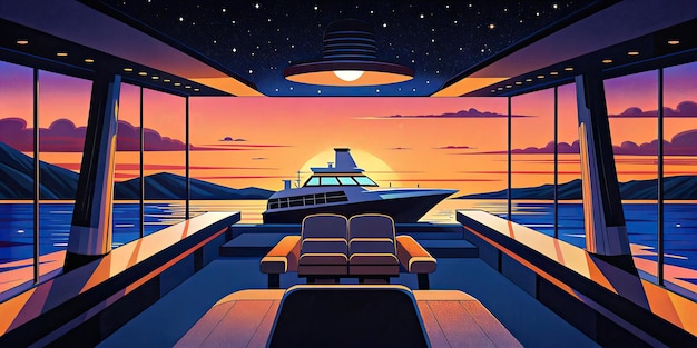 The cabin of a luxury yacht reflecting the hues of a twilight sky