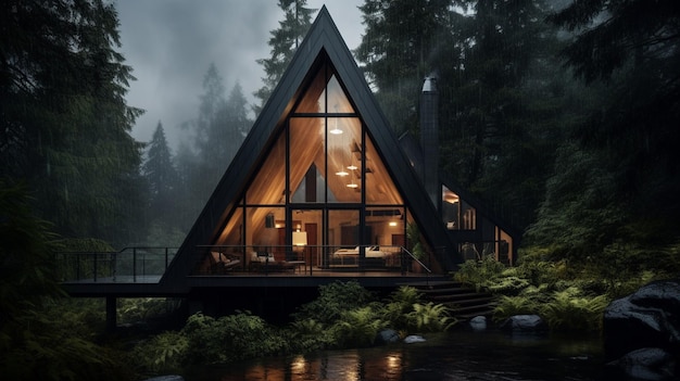 a cabin made with dark wood and glass in the forest