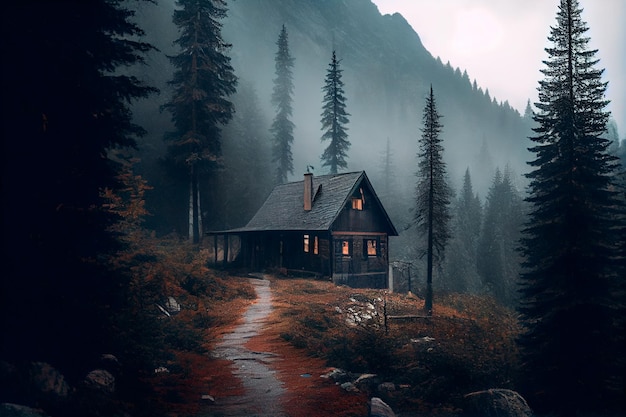 A cabin in the middle of a forest with fog and trees on the mountain side and a foggy sky above it with a path leading to a cabin in the middle of the woods Generative AI