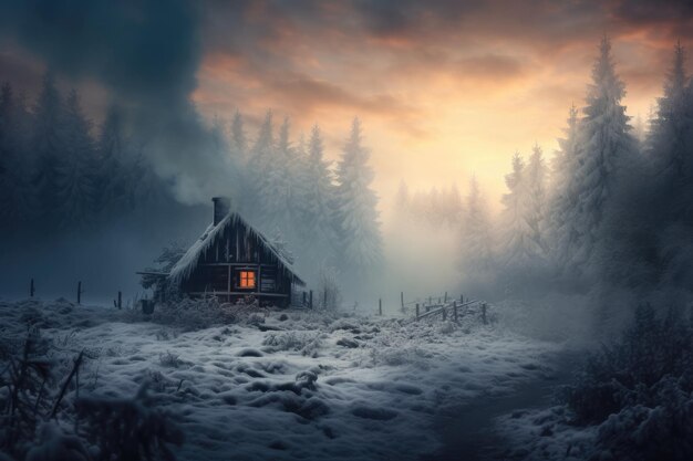 a cabin in the middle of a snowy forest