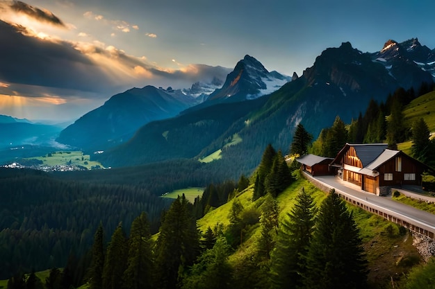 A cabin on a mountain with a sunset in the background