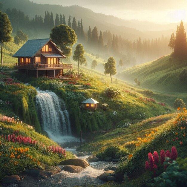 a cabin on a mountain with a waterfall in the background