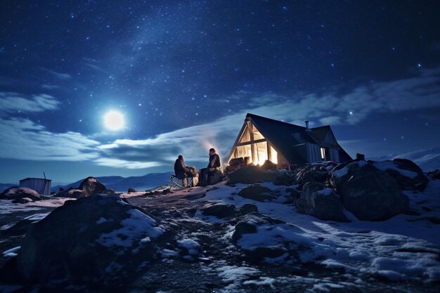 背景に満月が映っている夜の山の小屋