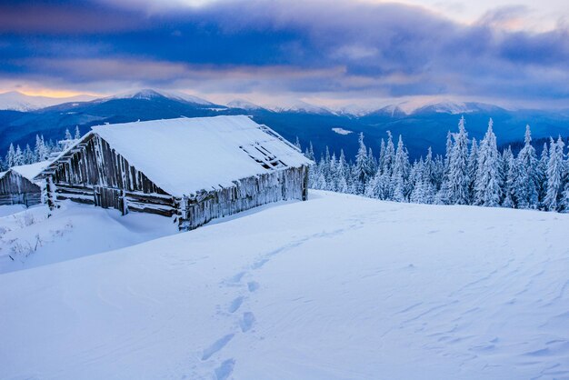 Photo cabin in the mountains in winter