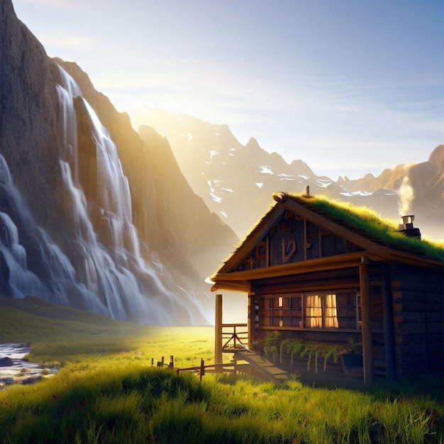 A cabin in the mountains with a grass roof