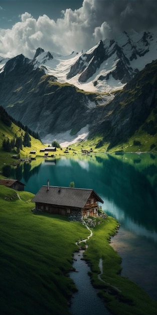 Cabin in the mountains with a lake and background generative ai