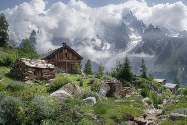 背景に山脈がある山の小屋