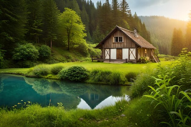 A cabin in the mountains with a pond and a mountain view