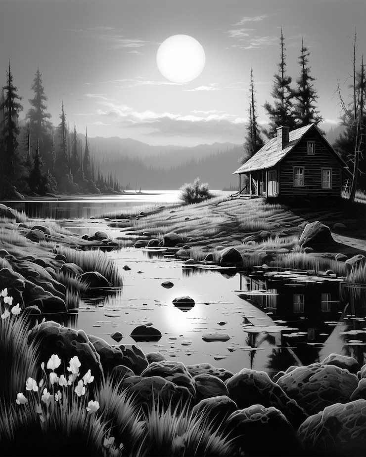 फोटो cabin painting in black and white