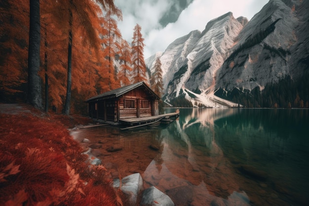 A cabin on the shore of a lake surrounded by mountains generative AI