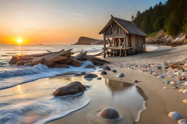 Photo a cabin sits on a beach with the ocean in the background.