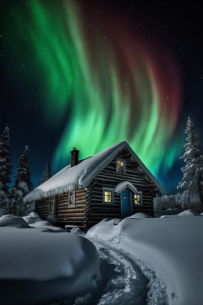 Cabina seduta nel mezzo di una foresta innevata ai generativa