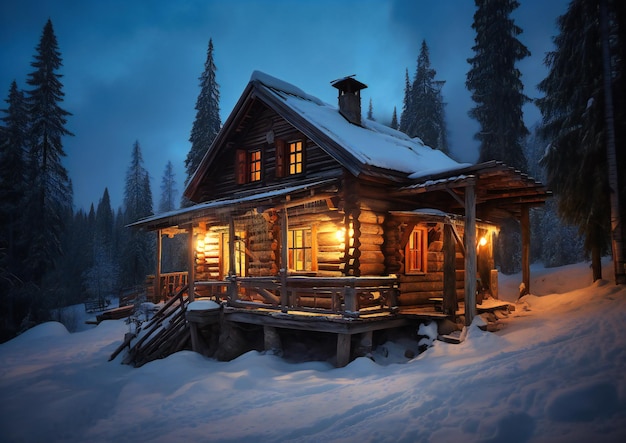 夕暮れの森の中でスキーを履いた小屋