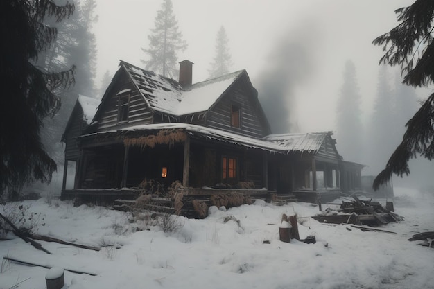 A cabin in the snow with forest in the background