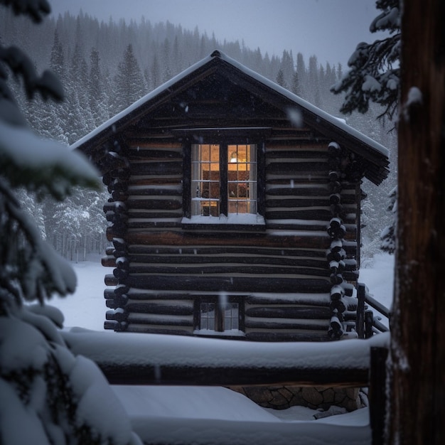 A cabin in the snow with the light on.