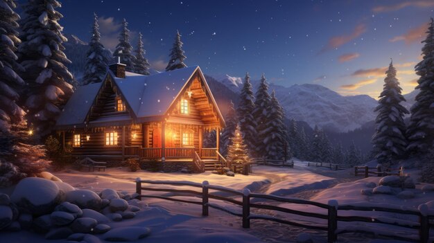 A cabin in the snow with the lights on