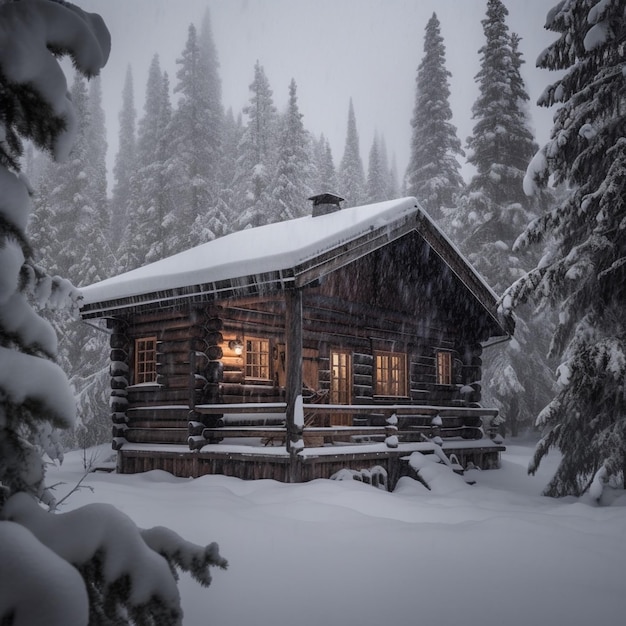 A cabin in the snow with the lights on