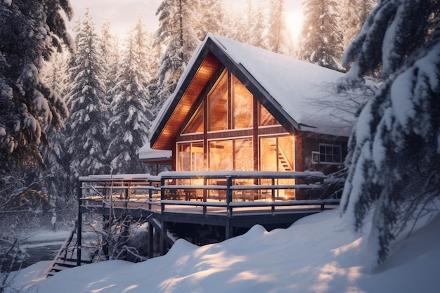 A cabin in the snow with the sun shining on the roof.