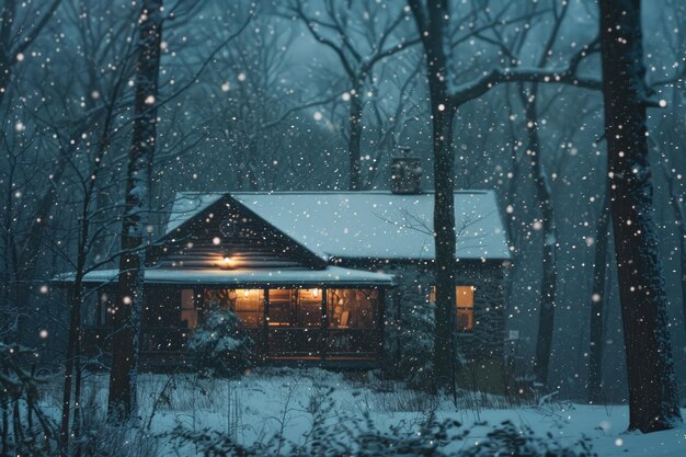 Cabin in Snowy Forest at Night