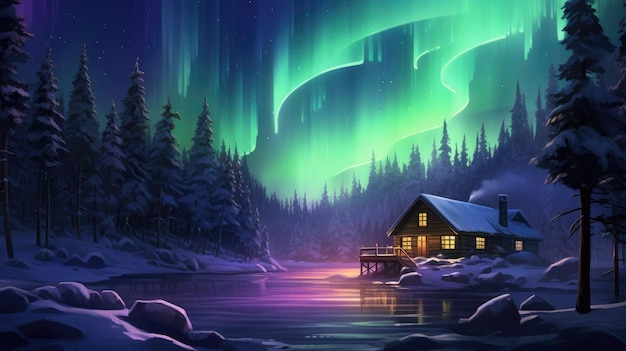 Photo a cabin in a snowy forest with an aurora bore in the background