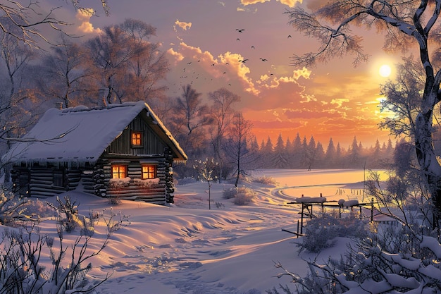 Cabin in Snowy Forest