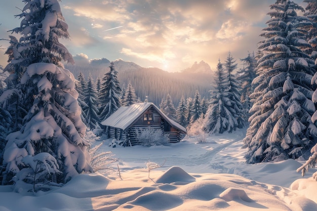 Cabin in the Snowy Forest