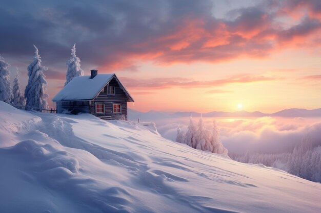 a cabin on top of a snowy mountain at sunset