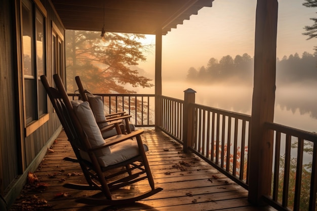 Cabin veranda met schommelstoelen met uitzicht op een mistig meer gemaakt met generatieve ai